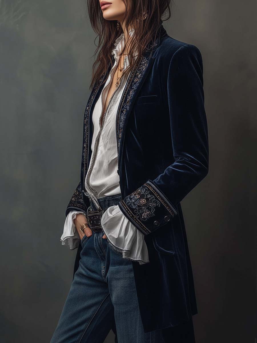 Nuria – Blazer Lungo Ricamato in Velluto