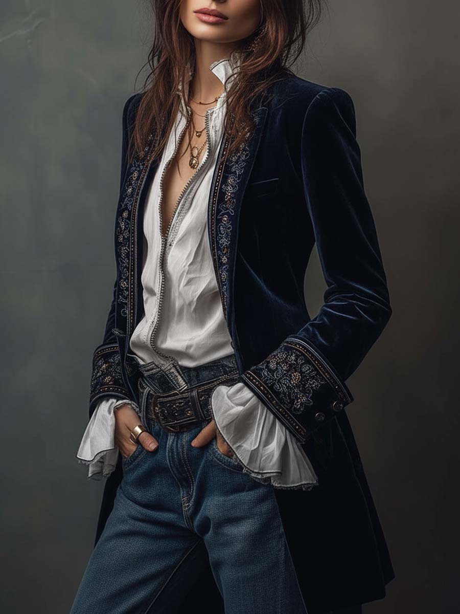 Nuria – Blazer Lungo Ricamato in Velluto