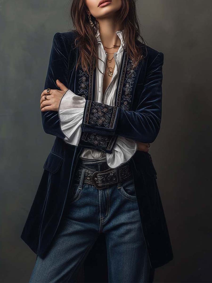 Nuria – Blazer Lungo Ricamato in Velluto