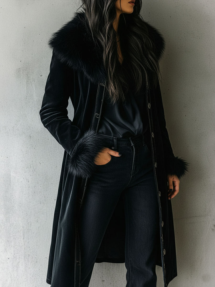 Giorgia | Cappotto Lungo Nero in Velluto ed Ecopelliccia