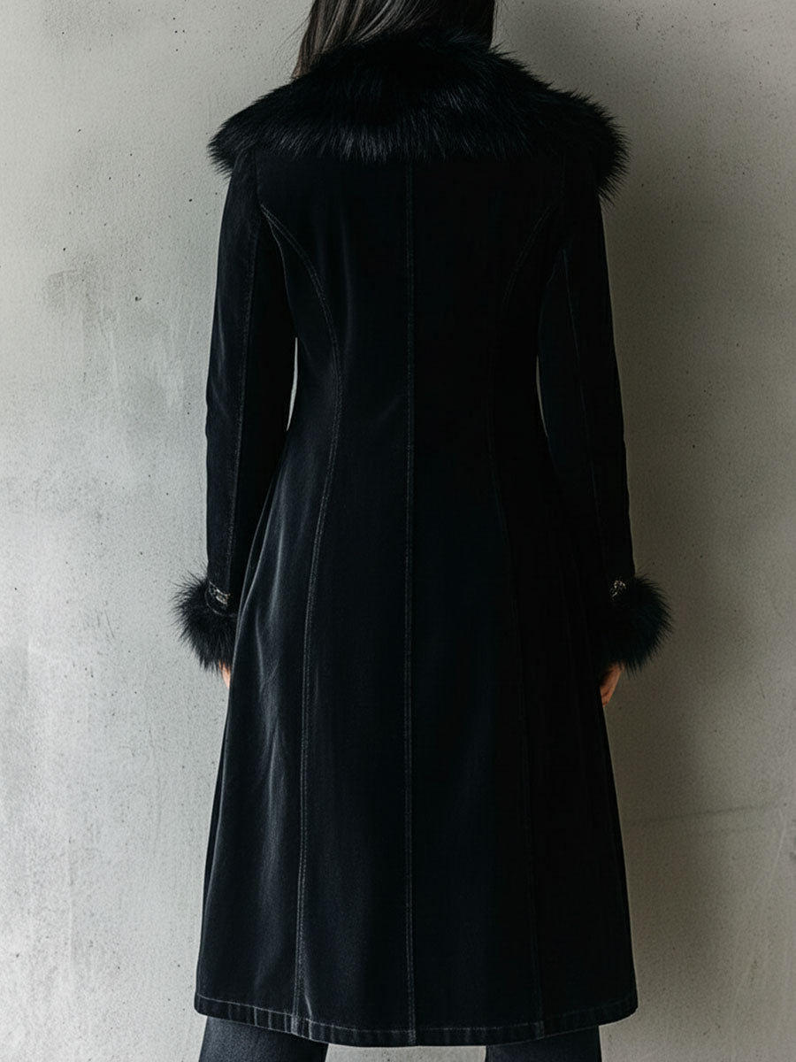 Giorgia | Cappotto Lungo Nero in Velluto ed Ecopelliccia