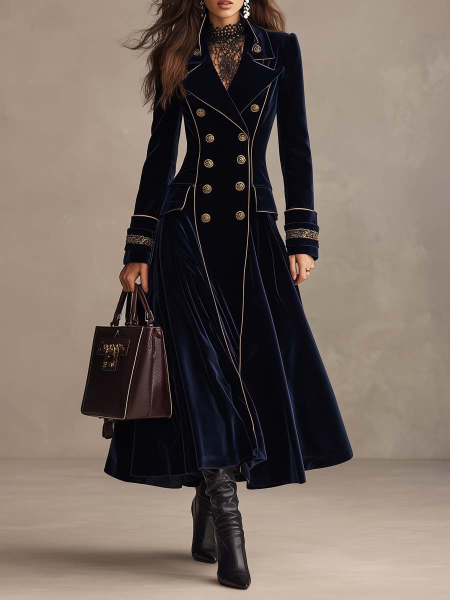 Carlotta | Cappotto Lungo Blu Notte con Ricami