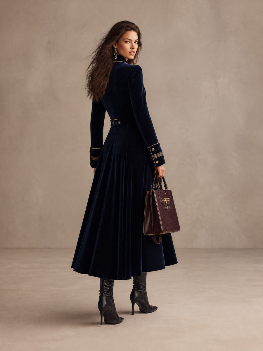 Carlotta | Cappotto Lungo Blu Notte con Ricami