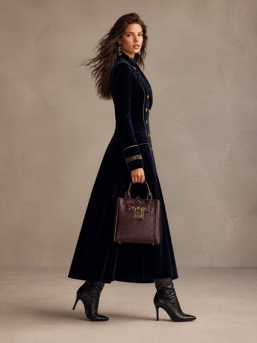 Carlotta | Cappotto Lungo Blu Notte con Ricami