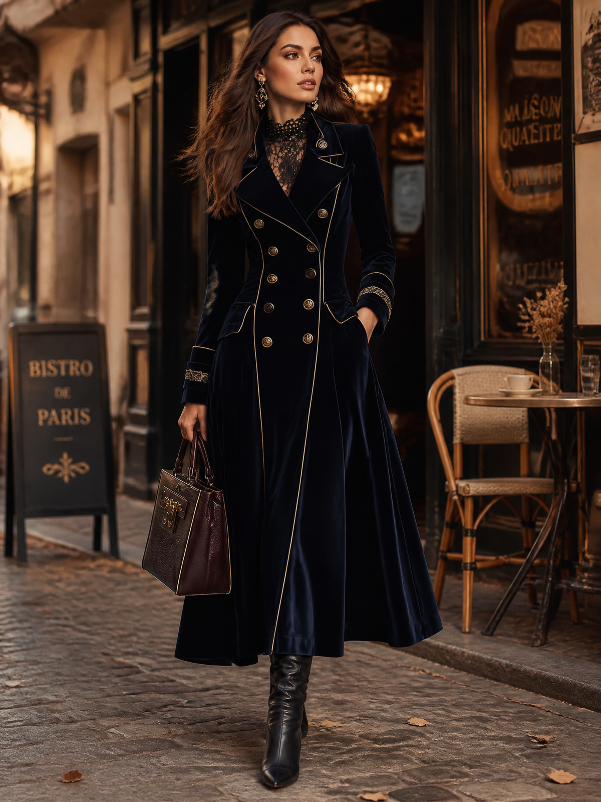 Carlotta | Cappotto Lungo Blu Notte con Ricami