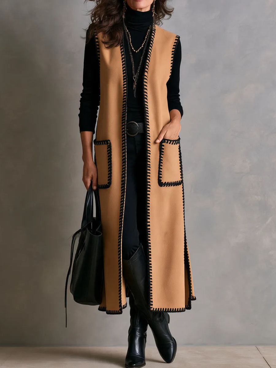 Nives | Gilet Lungo Nero in Effetto Suede
