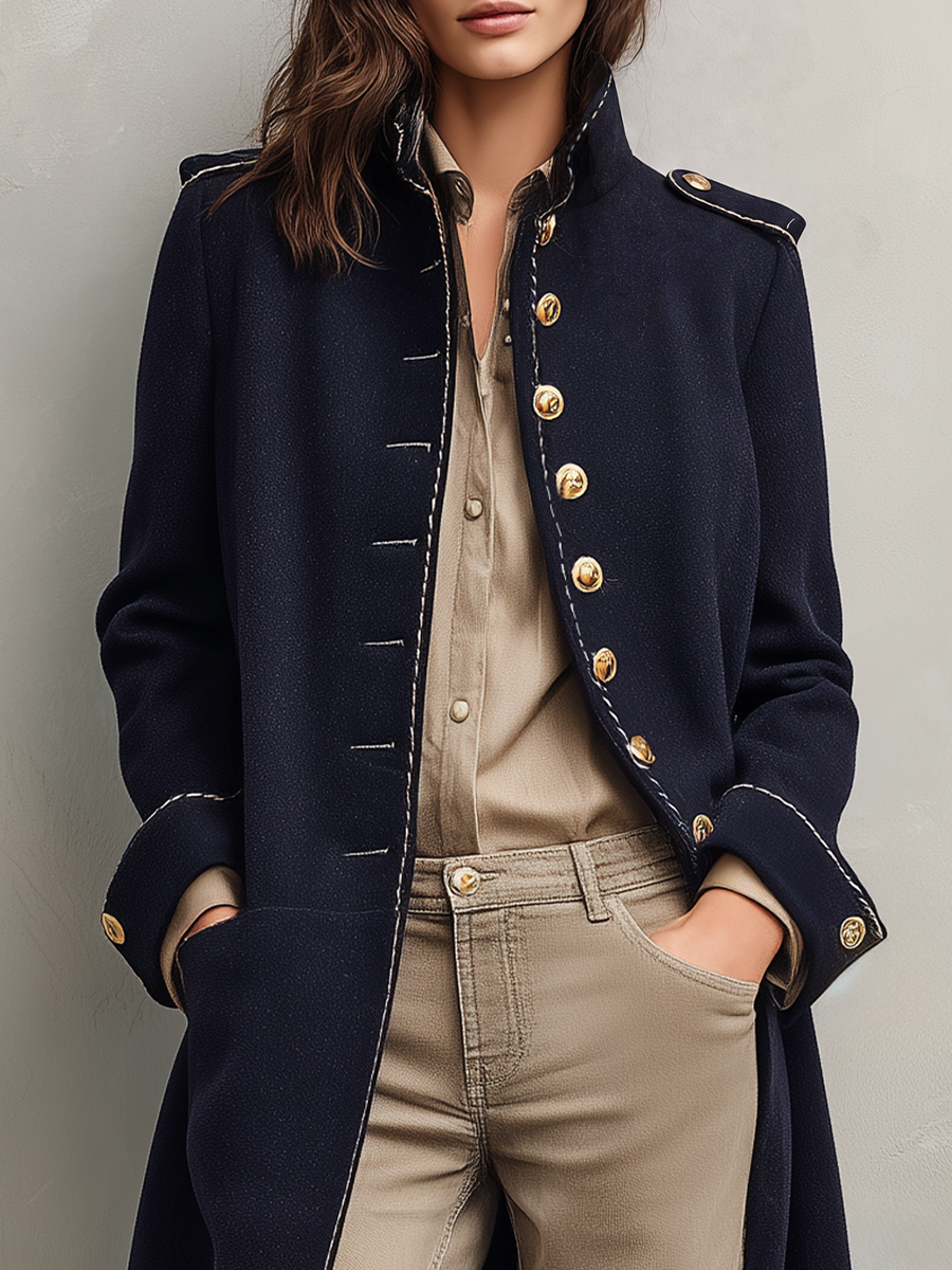 Valentina | Cappotto Lungo Blu con Bottoni Militari
