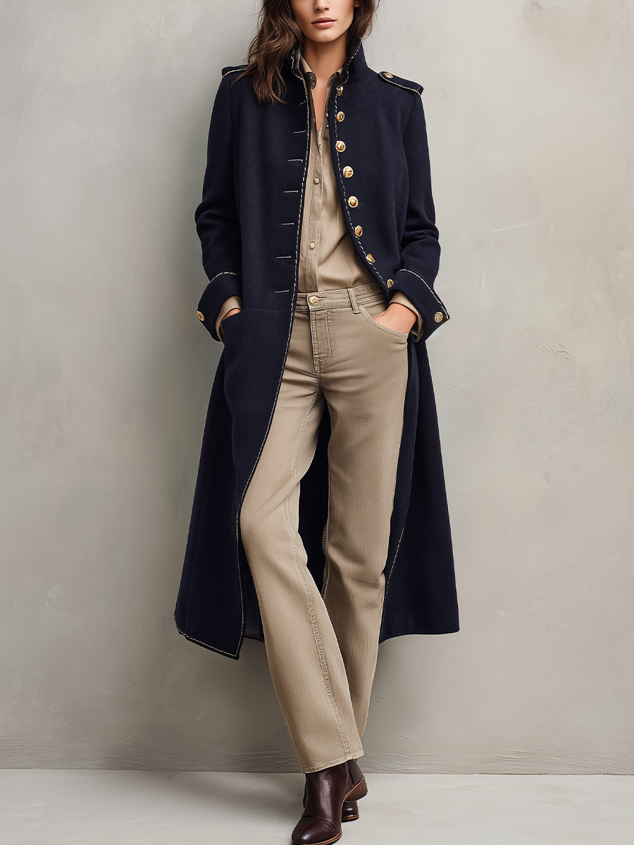 Valentina | Cappotto Lungo Blu con Bottoni Militari