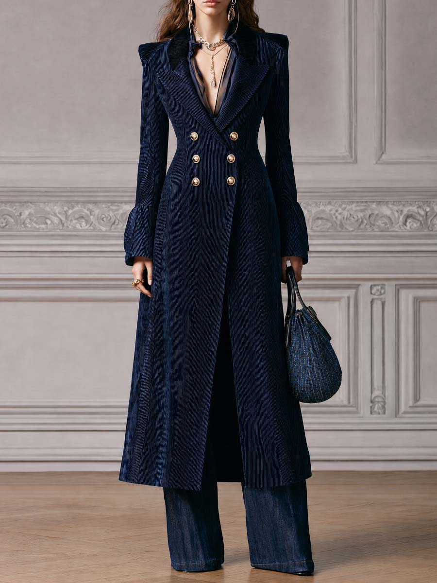 Costanza | Cappotto Lungo Blu in Velluto a Coste