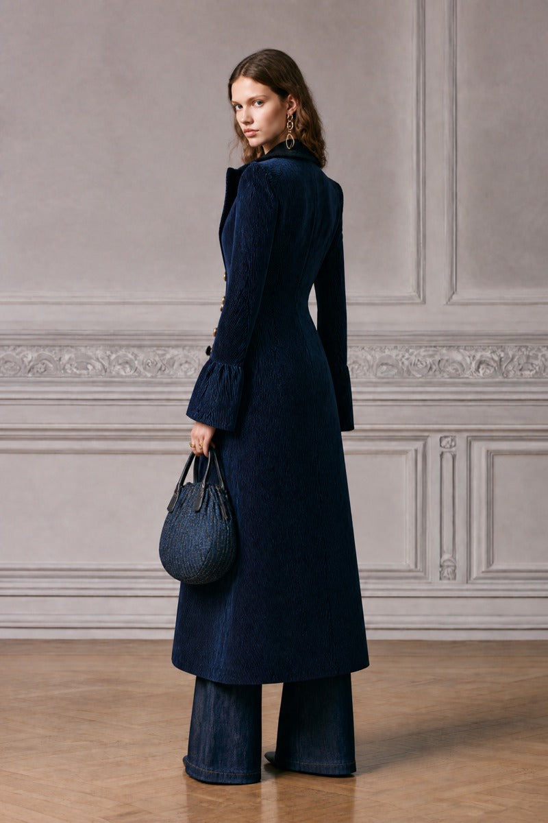 Costanza | Cappotto Lungo Blu in Velluto a Coste
