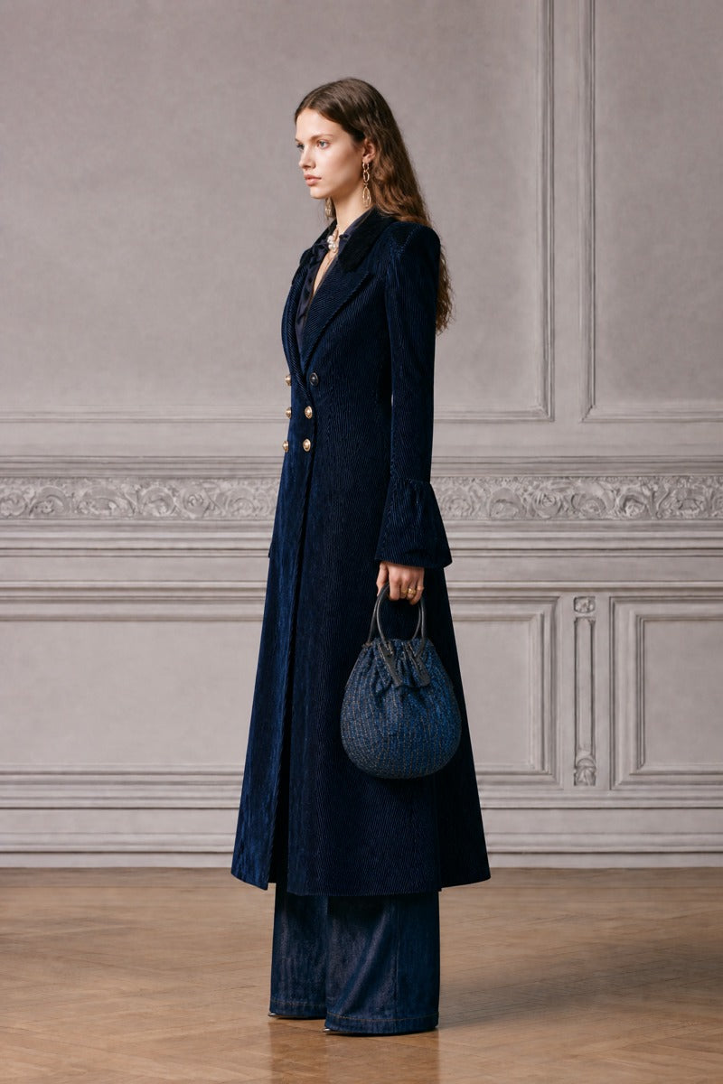 Costanza | Cappotto Lungo Blu in Velluto a Coste