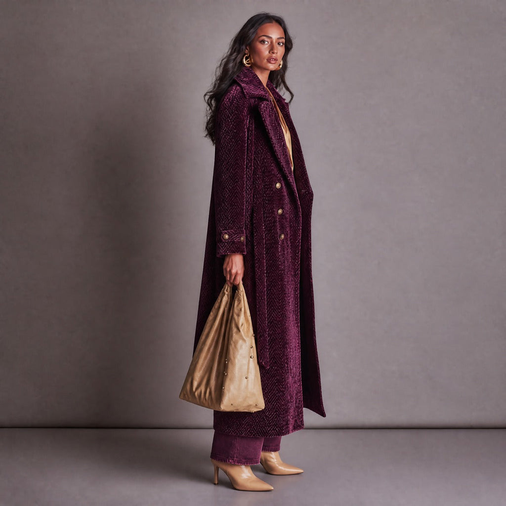 Priscilla | Cappotto Lungo Spigato Color Prugna