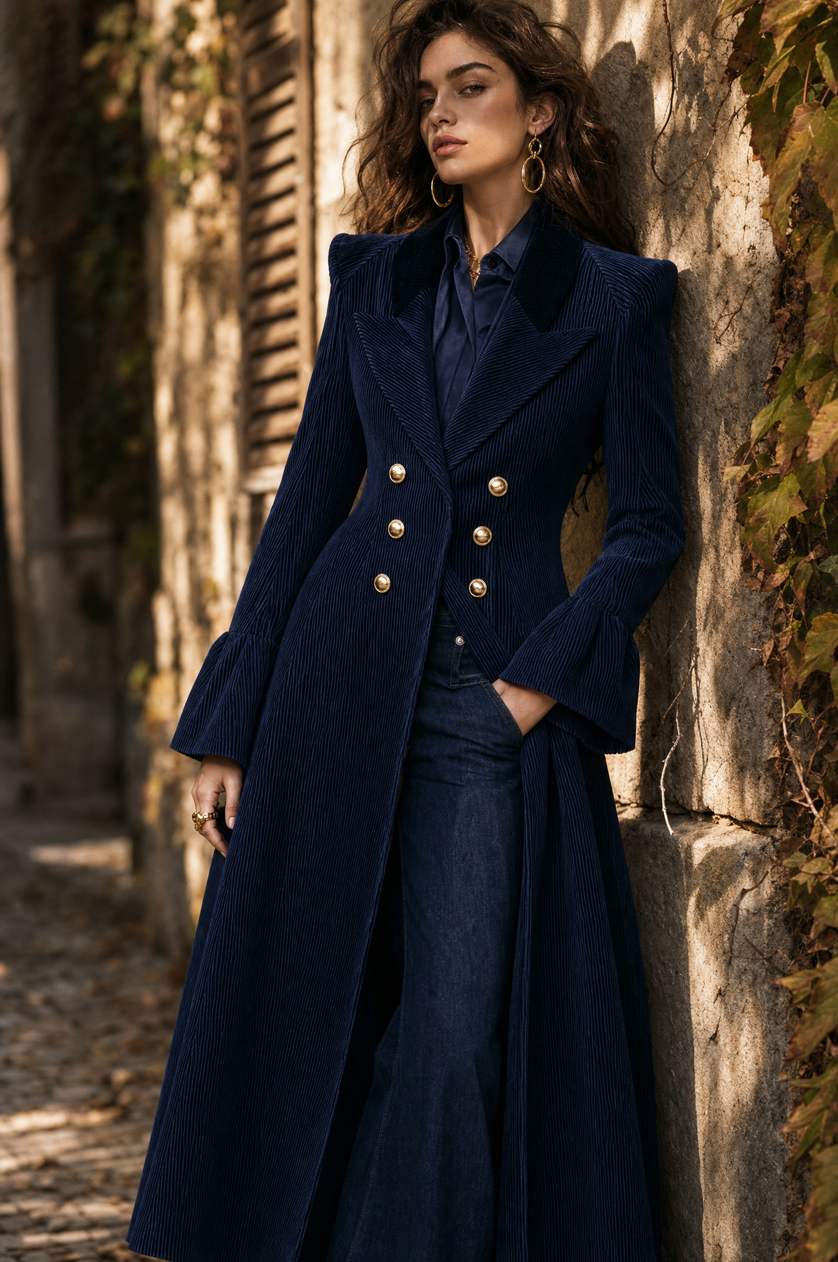 Costanza | Cappotto Lungo Blu in Velluto a Coste