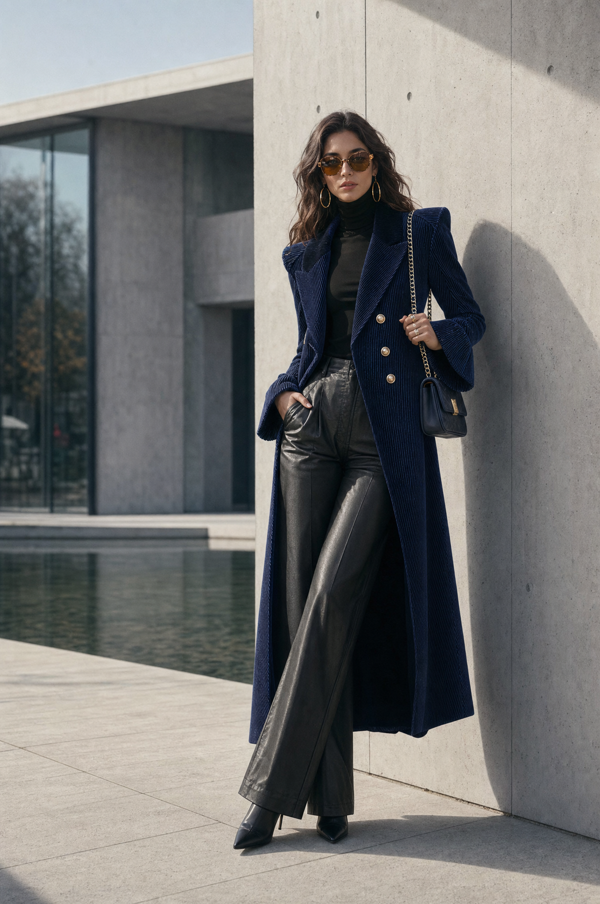 Costanza | Cappotto Lungo Blu in Velluto a Coste