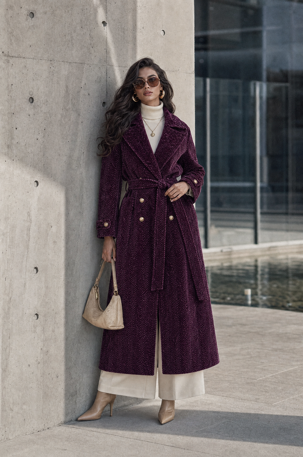 Priscilla | Cappotto Lungo Spigato Color Prugna