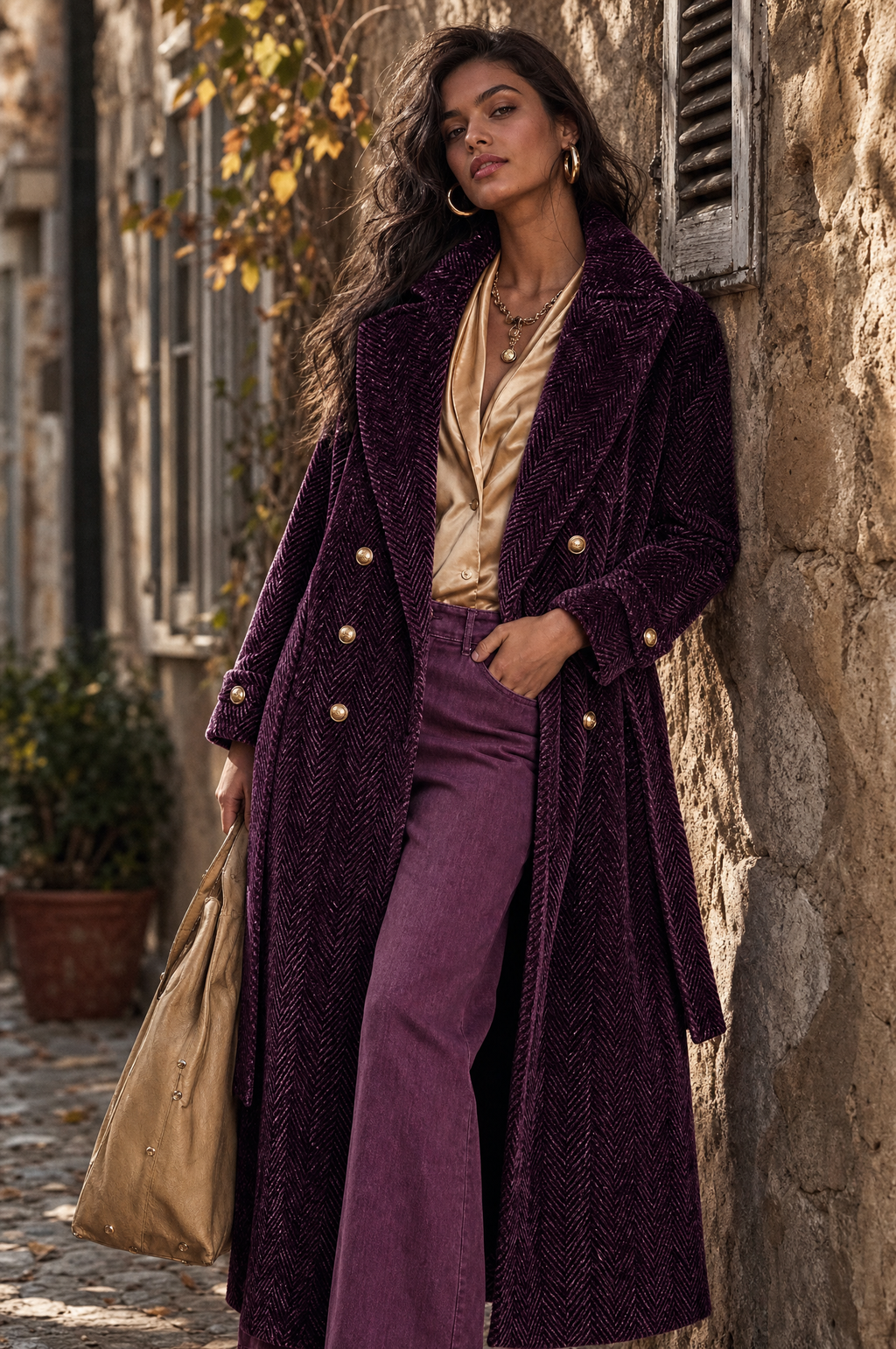 Priscilla | Cappotto Lungo Spigato Color Prugna