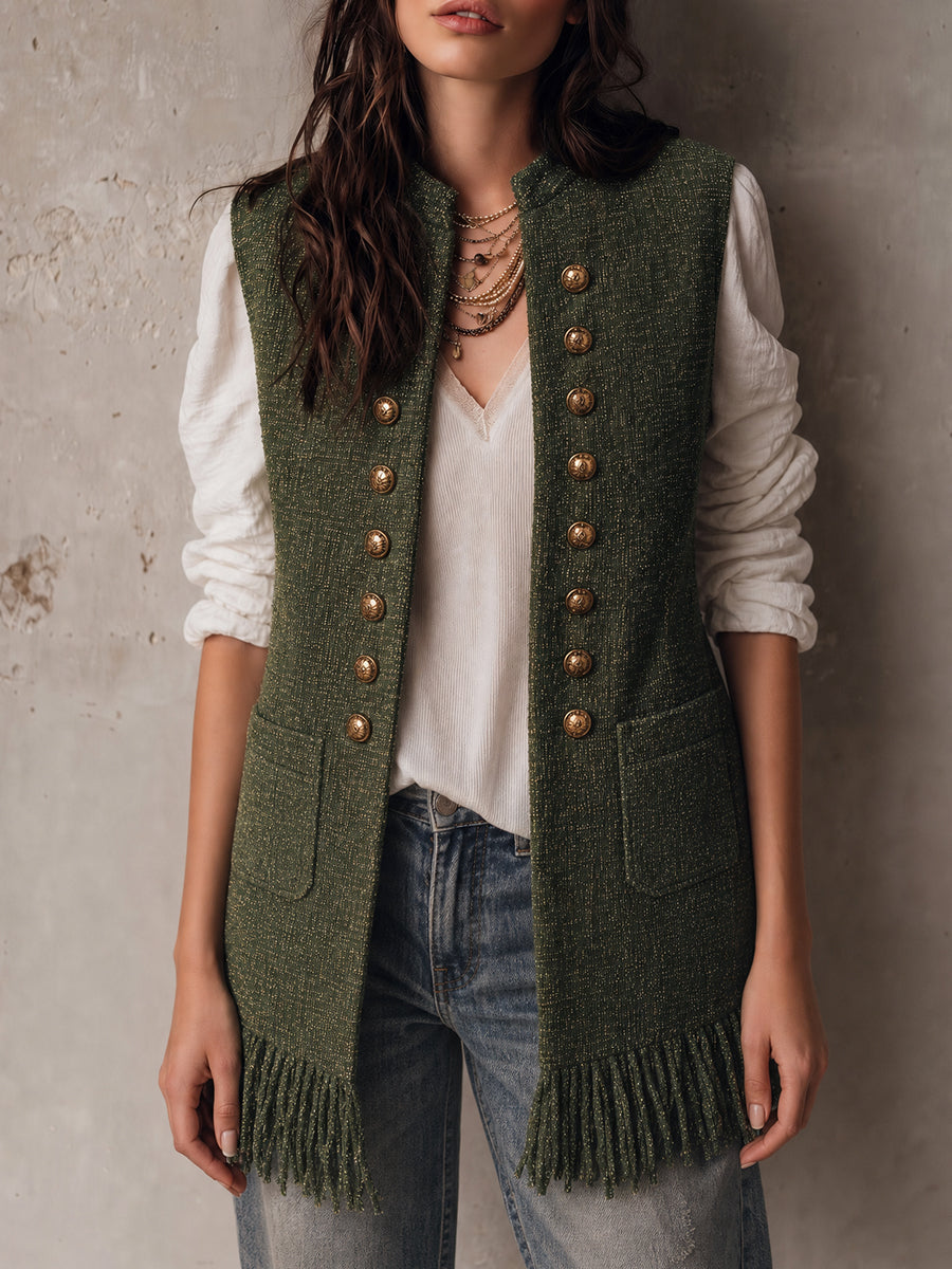 Ornella | Gilet Verde Oliva con Frange