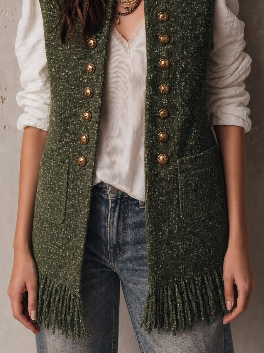 Ornella | Gilet Verde Oliva con Frange