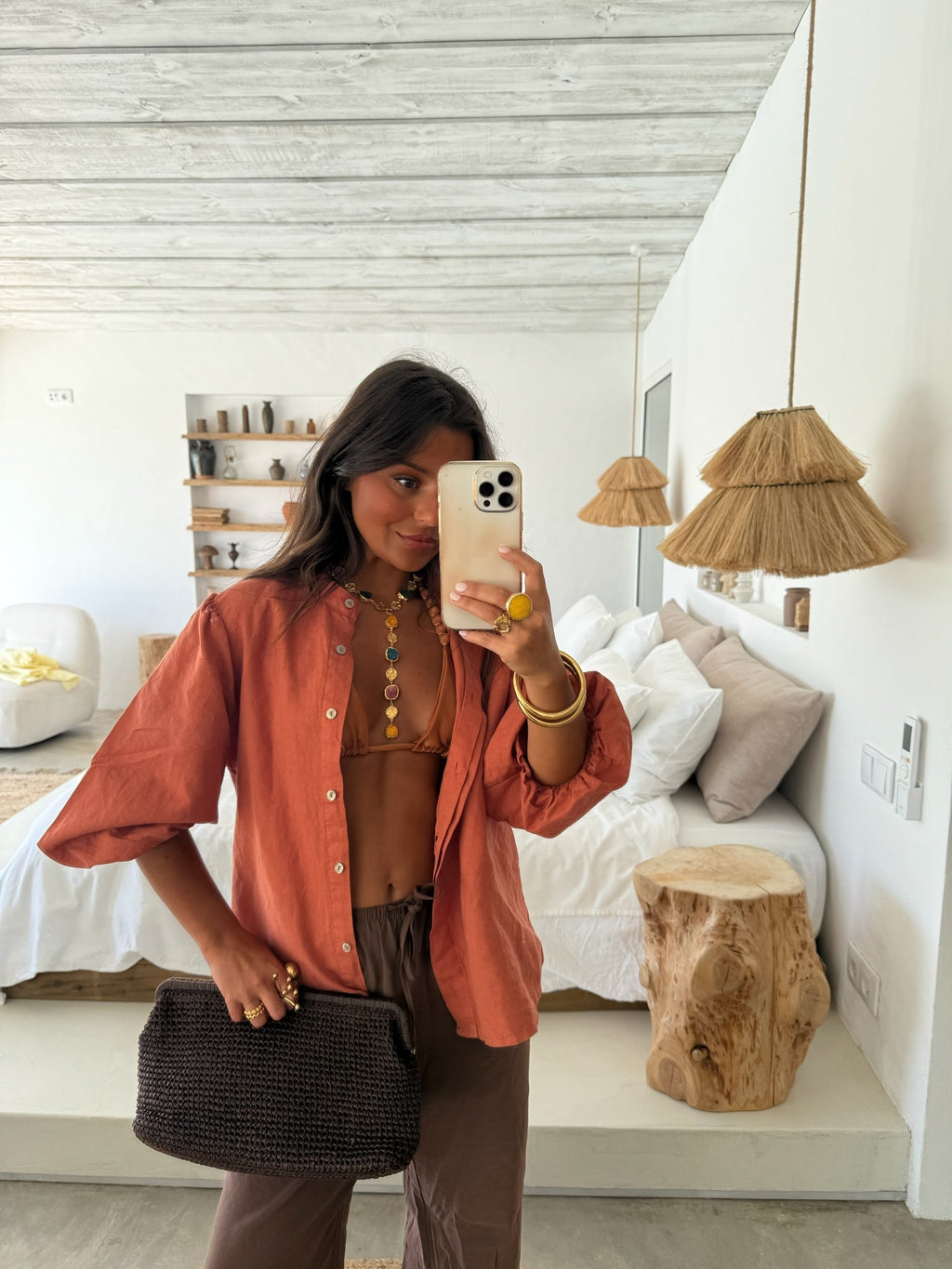 Blusa in lino con maniche a palloncino, tonalità terracotta
