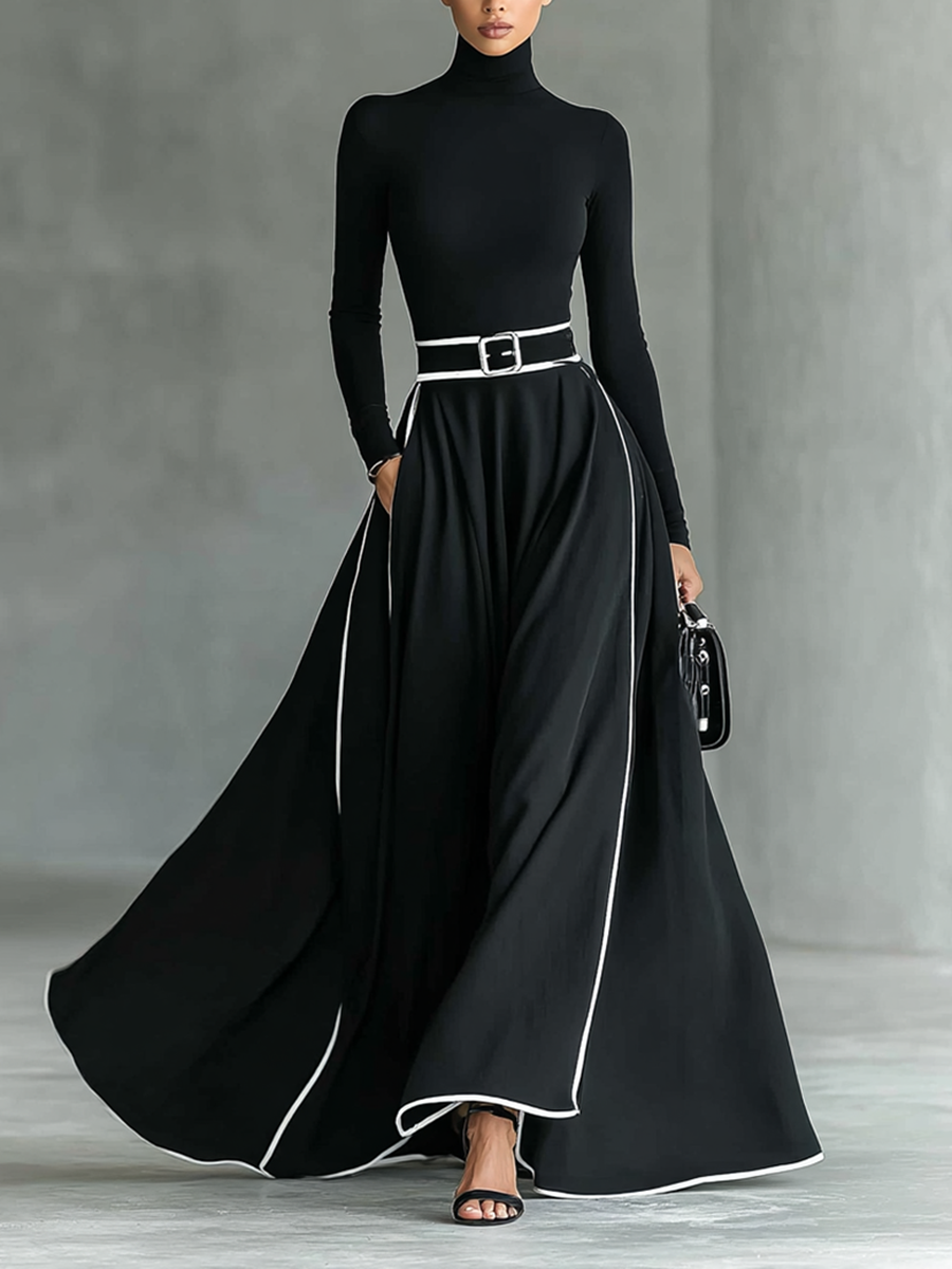 Gina - Abito Maxi con Cuciture a Contrasto - Nero | Aurella Milano