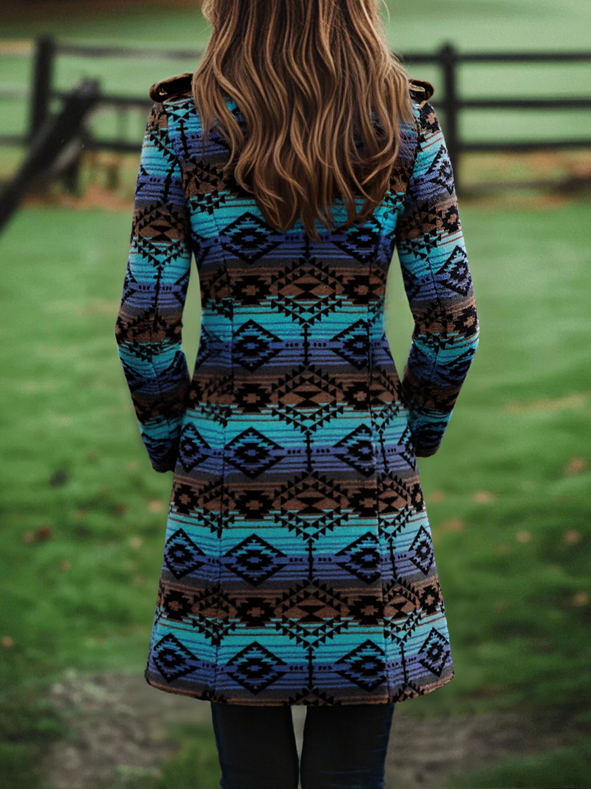 Selene | Cappotto Lungo in Lana con Motivo Etnico