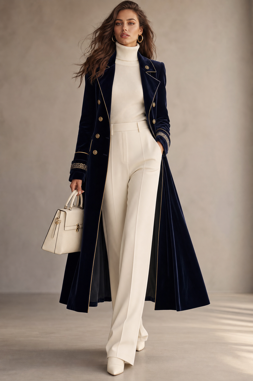 Carlotta | Cappotto Lungo Blu Notte con Ricami