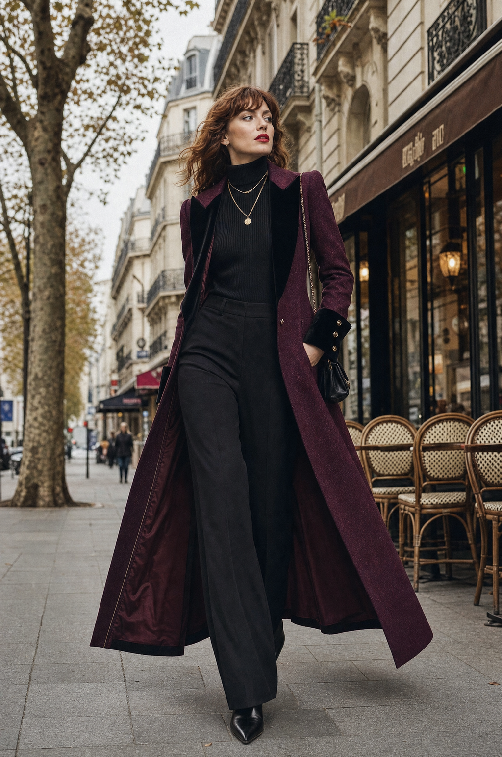 Letizia | Cappotto Midi in Lana con Revers in Velluto
