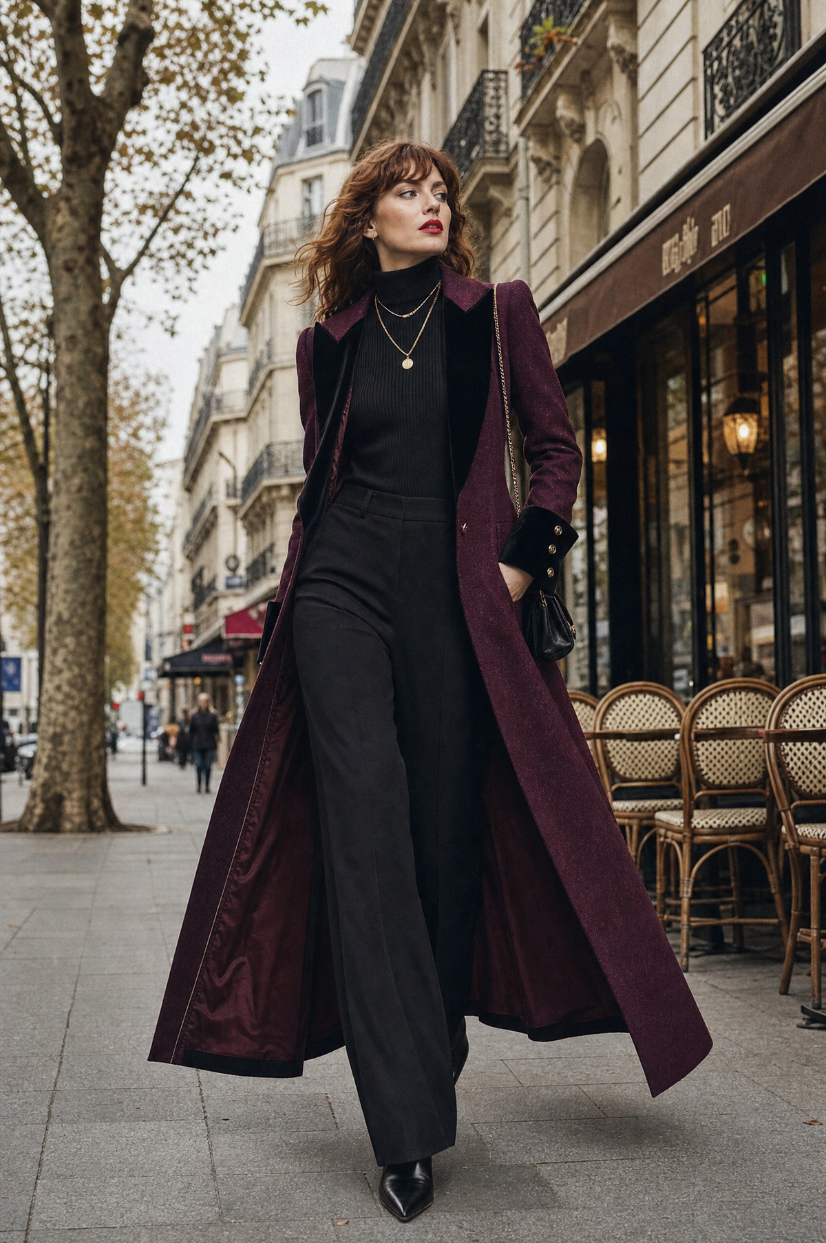 Letizia | Cappotto Midi in Lana con Revers in Velluto