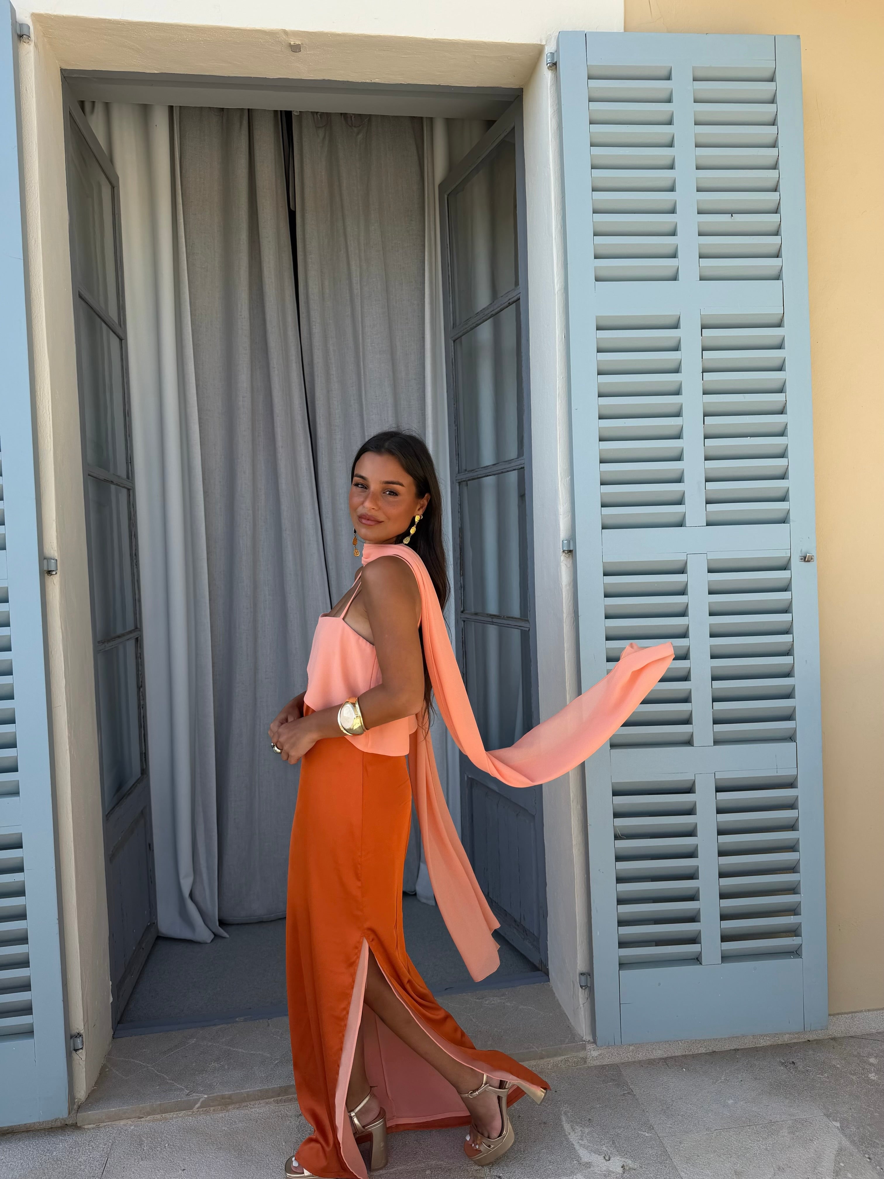 Abito lungo stampato, tonalità arancio