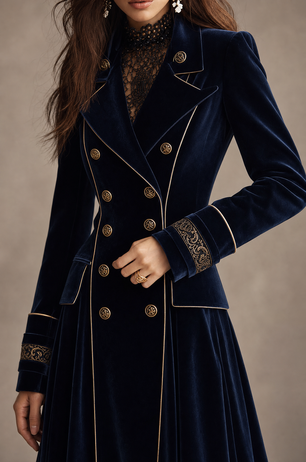 Carlotta | Cappotto Lungo Blu Notte con Ricami