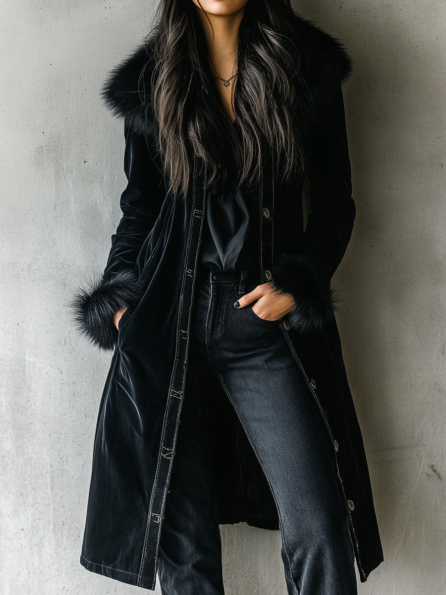 Giorgia | Cappotto Lungo Nero in Velluto ed Ecopelliccia