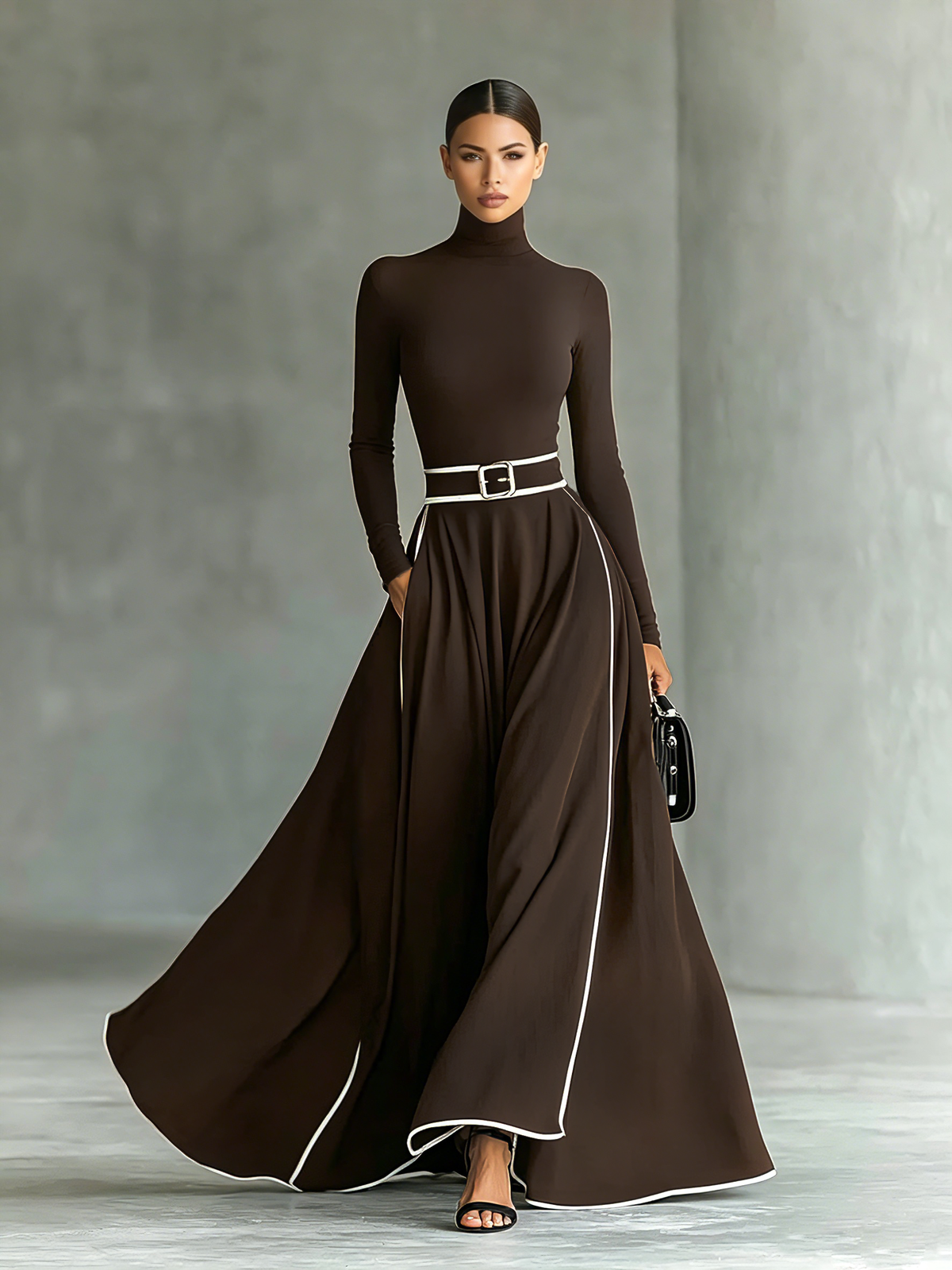 Gina - Abito Maxi con Cuciture a Contrasto - Nero | Aurella Milano
