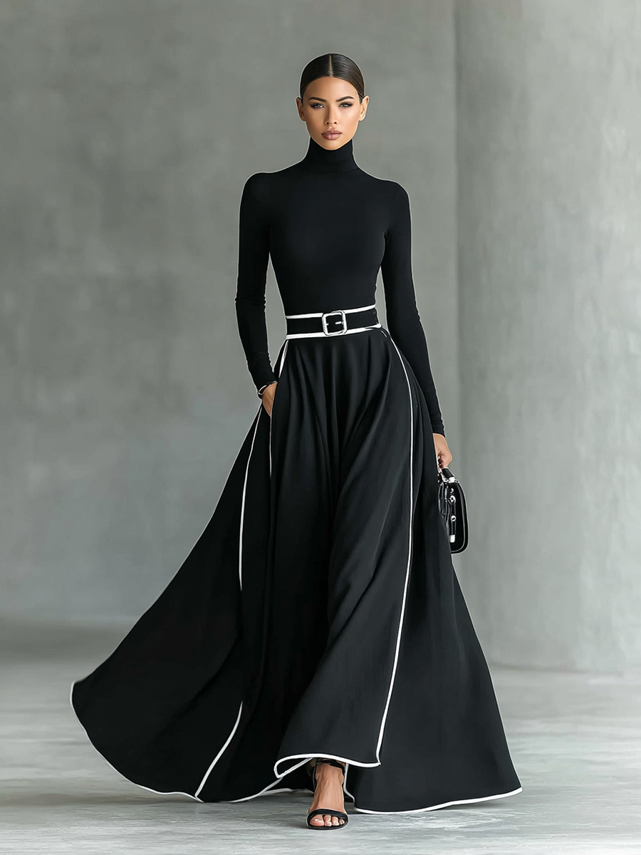 Gina - Abito Maxi con Cuciture a Contrasto - Marrone | Aurella Milano