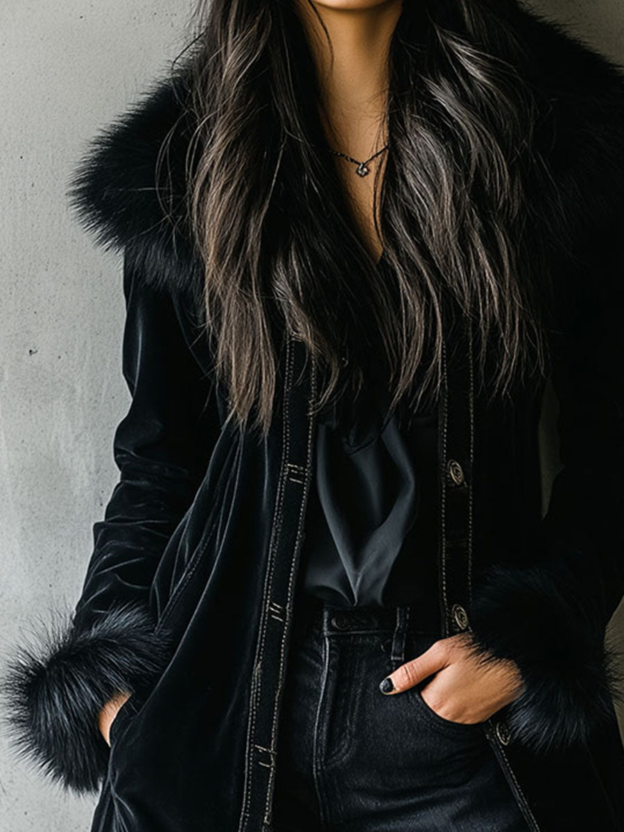 Giorgia | Cappotto Lungo Nero in Velluto ed Ecopelliccia