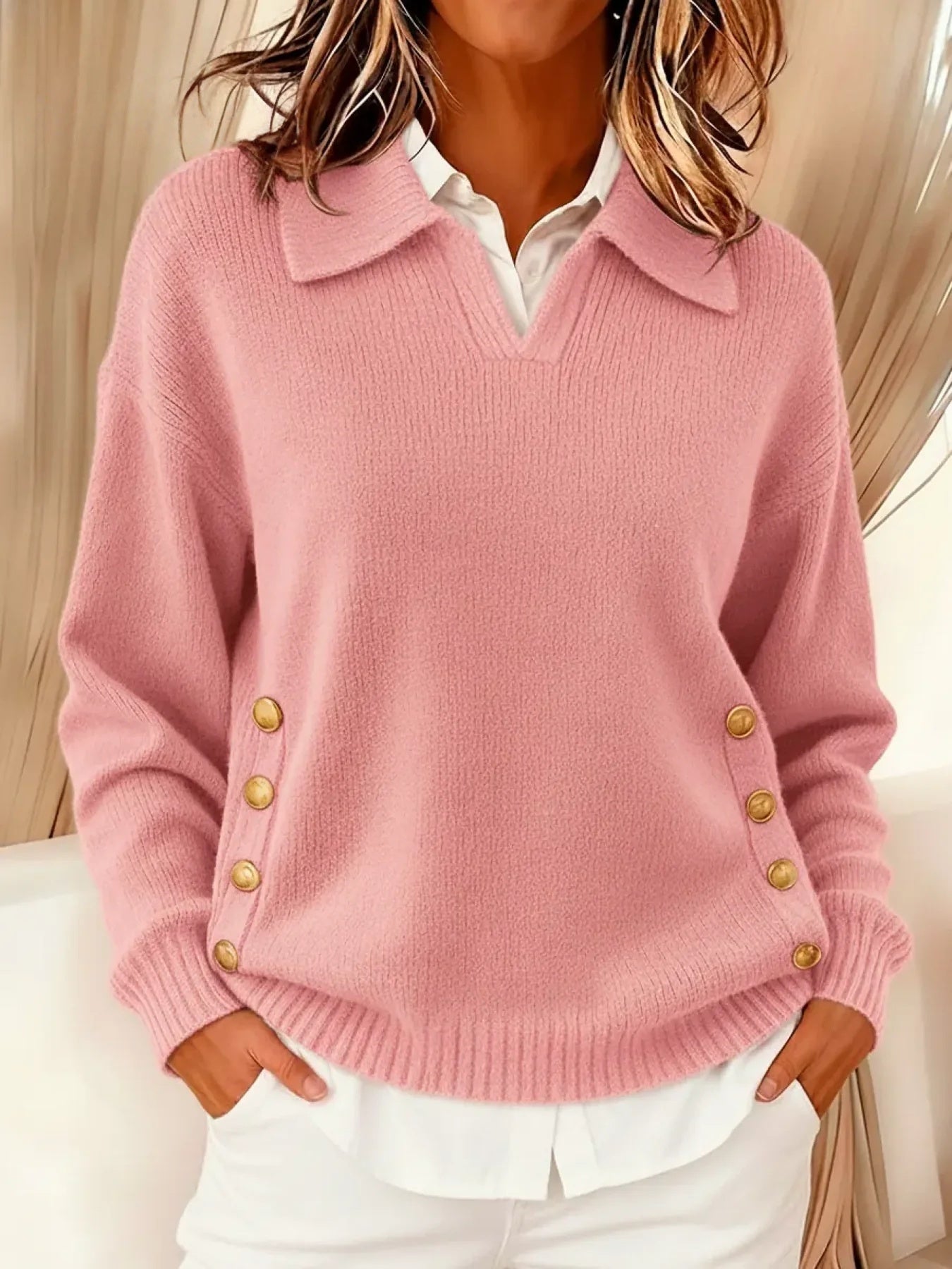 Maglione polo con bottoni dorati Cachi | Aurella Milano