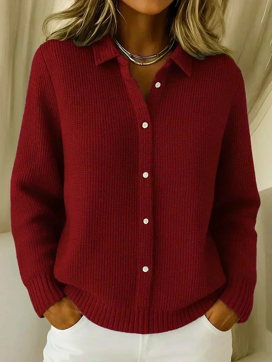 Cardigan in maglia operata con collo a camicia