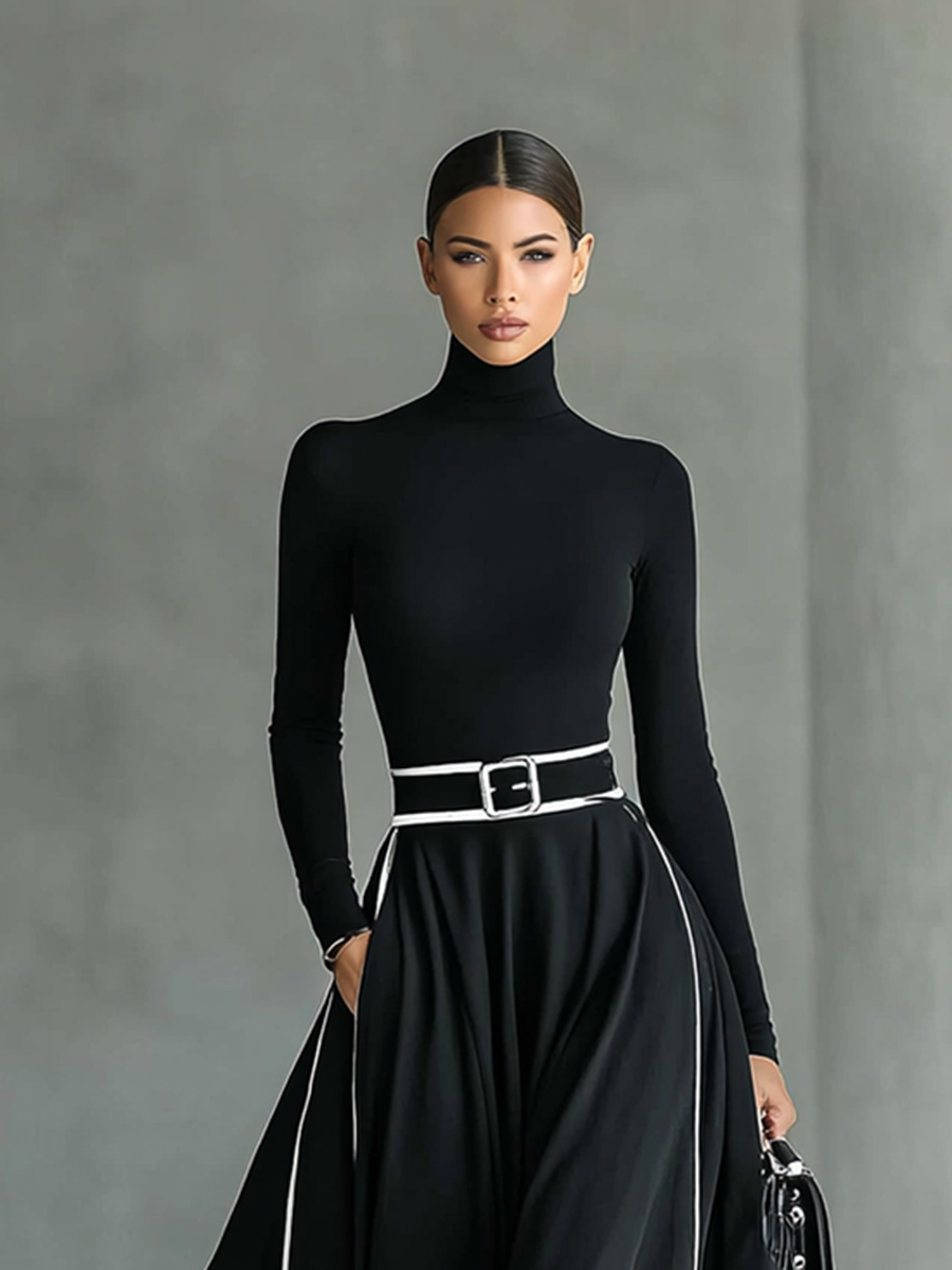 Gina - Abito Maxi con Cuciture a Contrasto - Nero | Aurella Milano