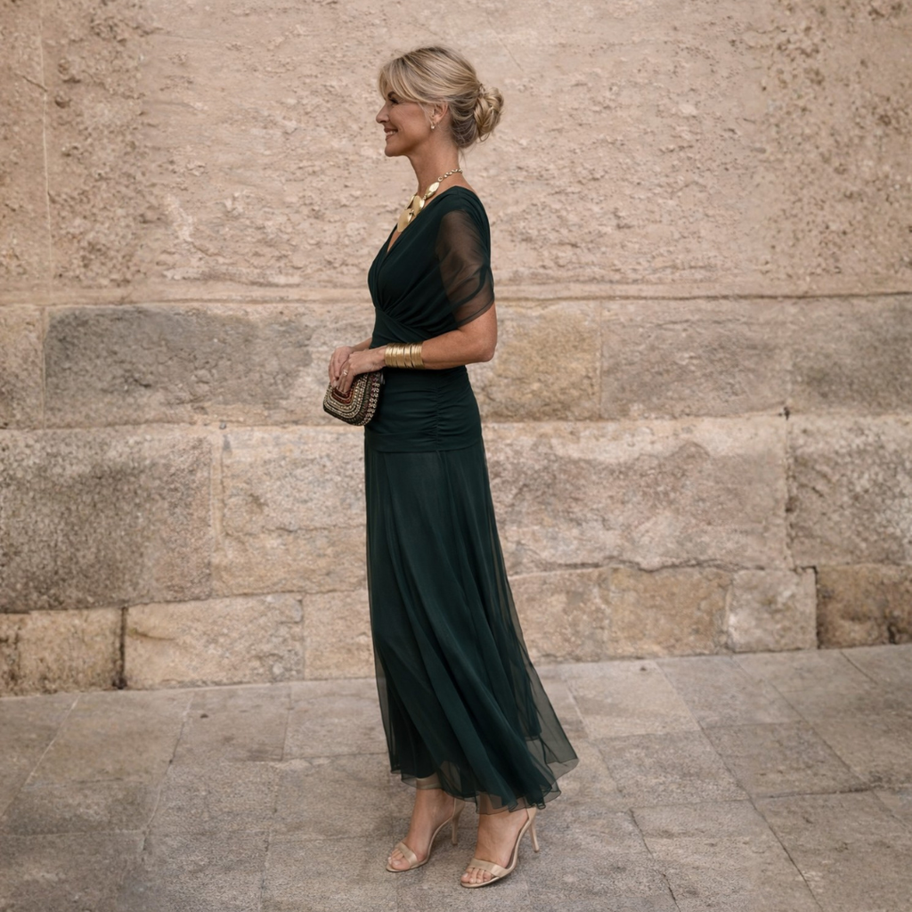 Abito lungo con spalle scoperte Verde scuro | Aurella Milano