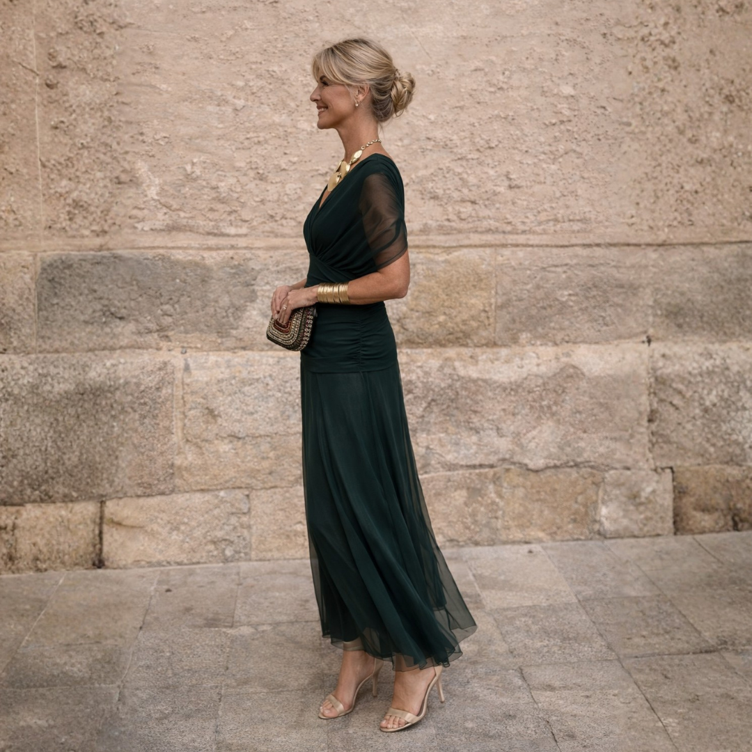 Abito lungo con spalle scoperte Verde scuro | Aurella Milano