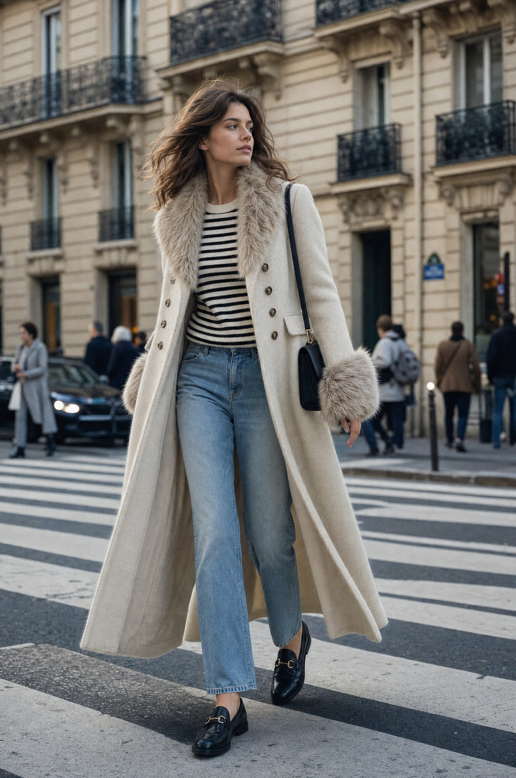 Bianca | Cappotto Doppiopetto in Misto Lana con Ecopelliccia