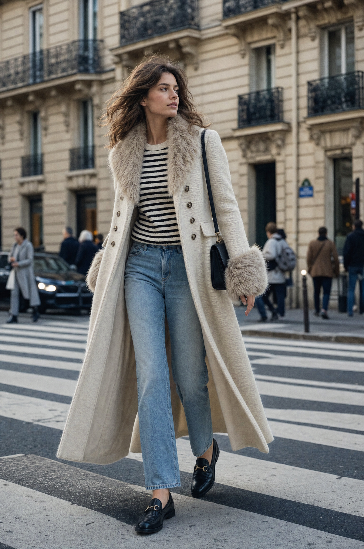 Bianca | Cappotto Doppiopetto in Misto Lana con Ecopelliccia