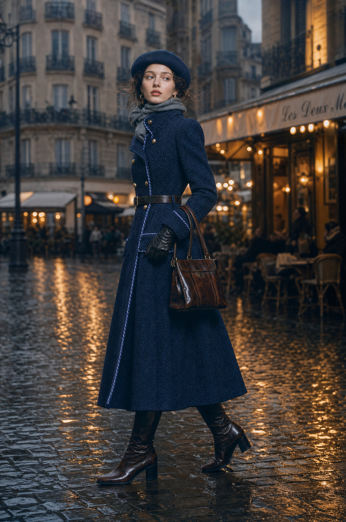 Caterina | Cappotto Lungo Spigato con Profili a Contrasto