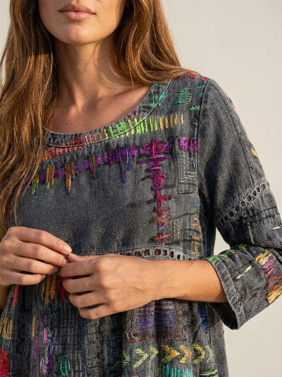 Manuela - Abito in Denim con Patchwork Etnico | Aurella Milano