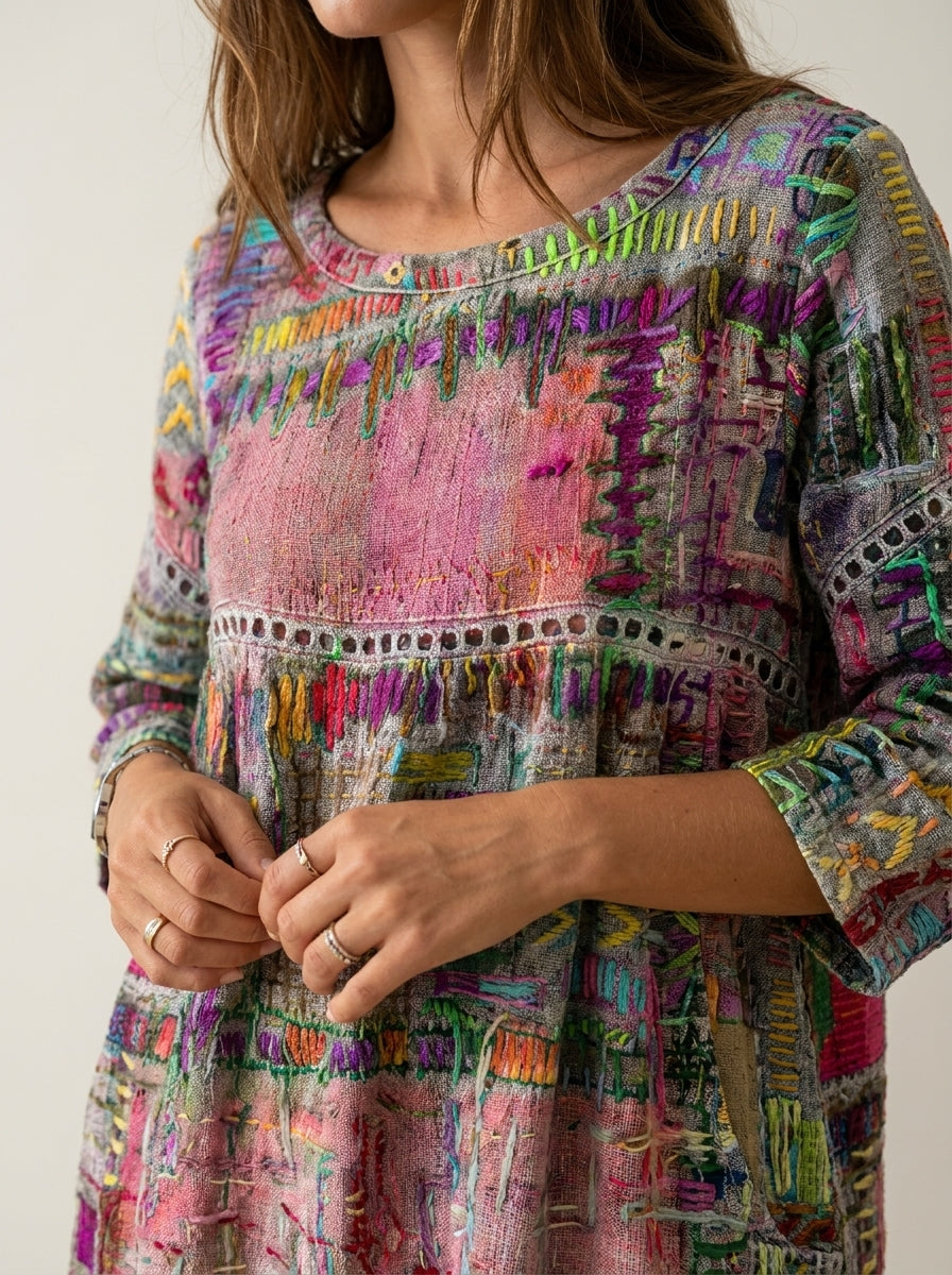 Manuela - Abito in Denim con Patchwork Etnico | Aurella Milano