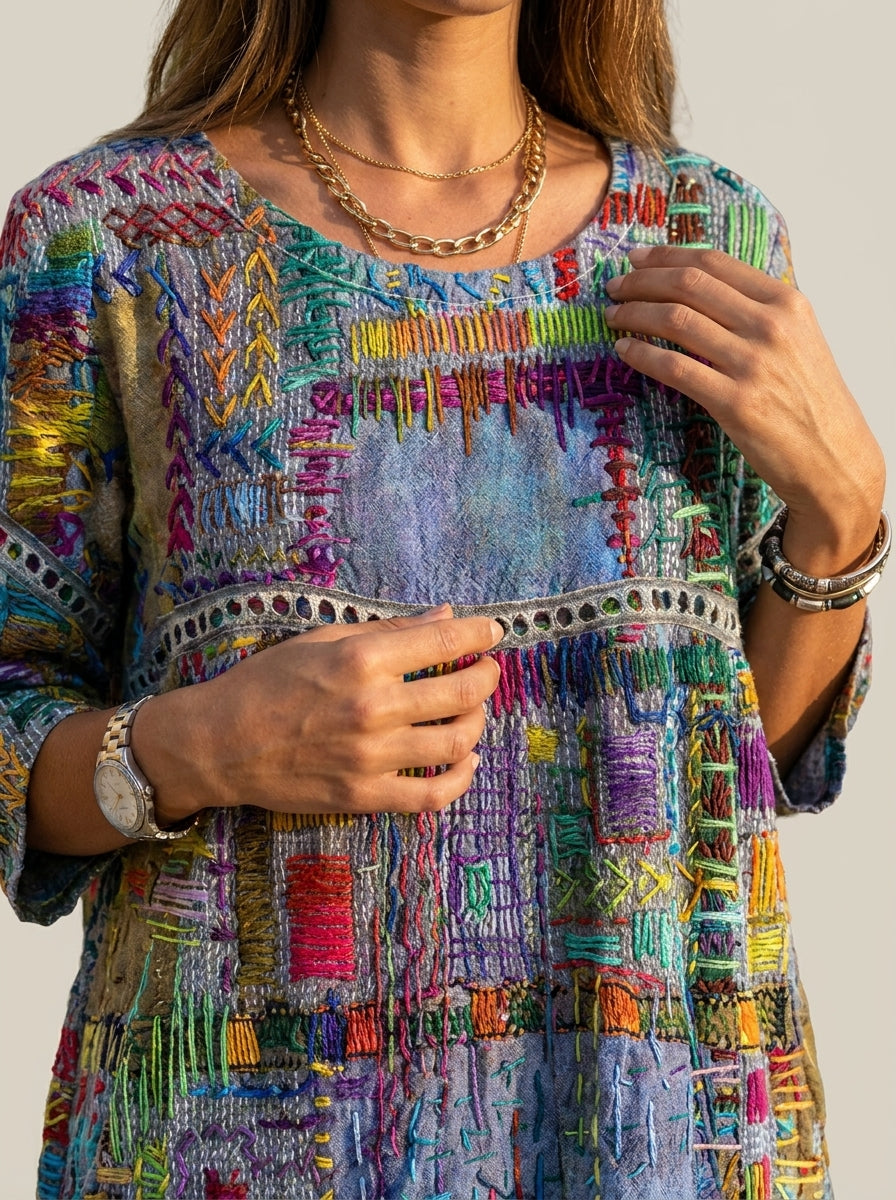 Manuela - Abito in Denim con Patchwork Etnico | Aurella Milano