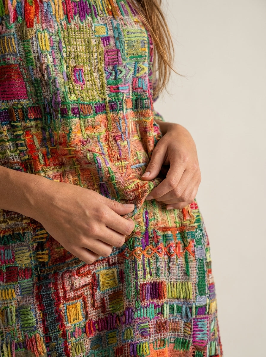 Manuela - Abito in Denim con Patchwork Etnico | Aurella Milano