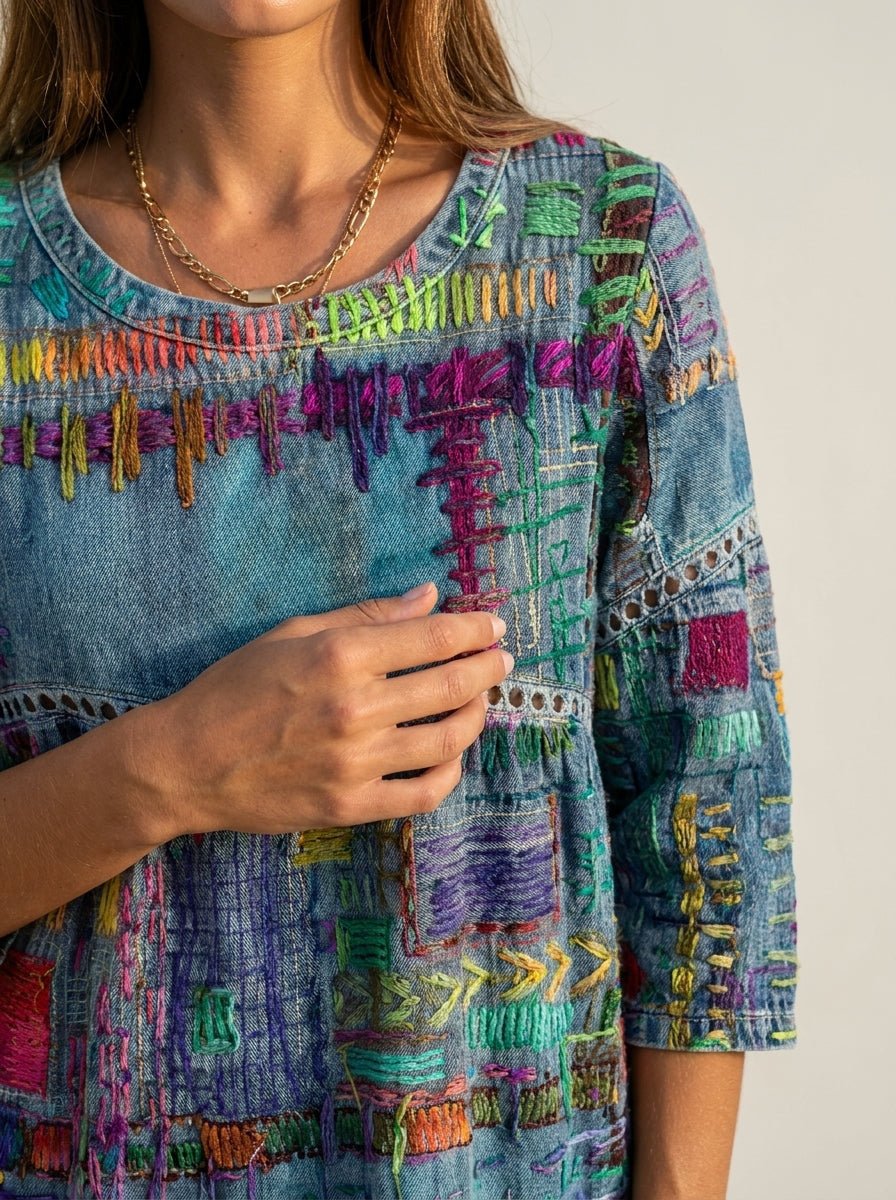 Manuela - Abito in Denim con Patchwork Etnico | Aurella Milano