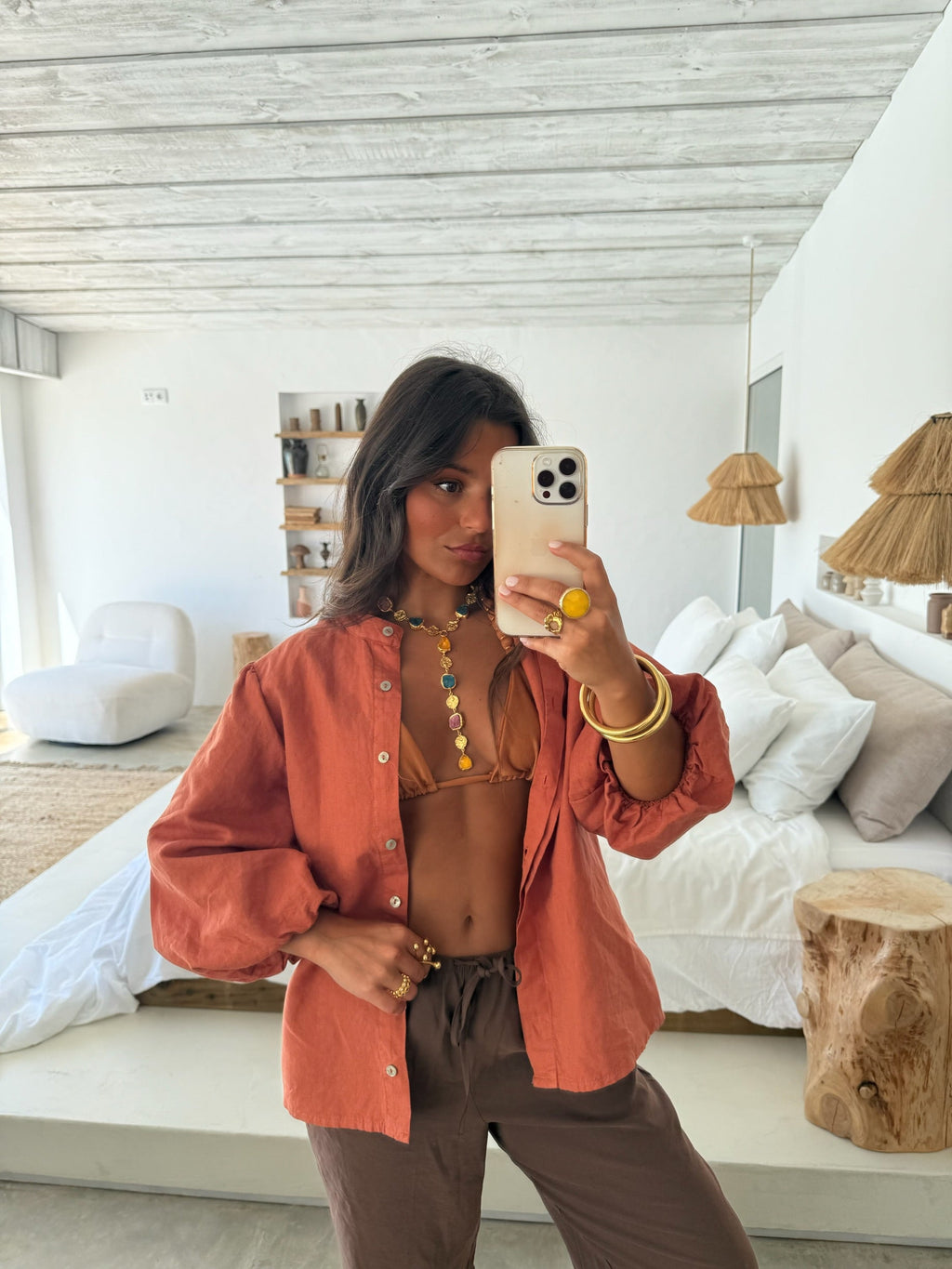 Blusa in lino con maniche a palloncino, tonalità terracotta