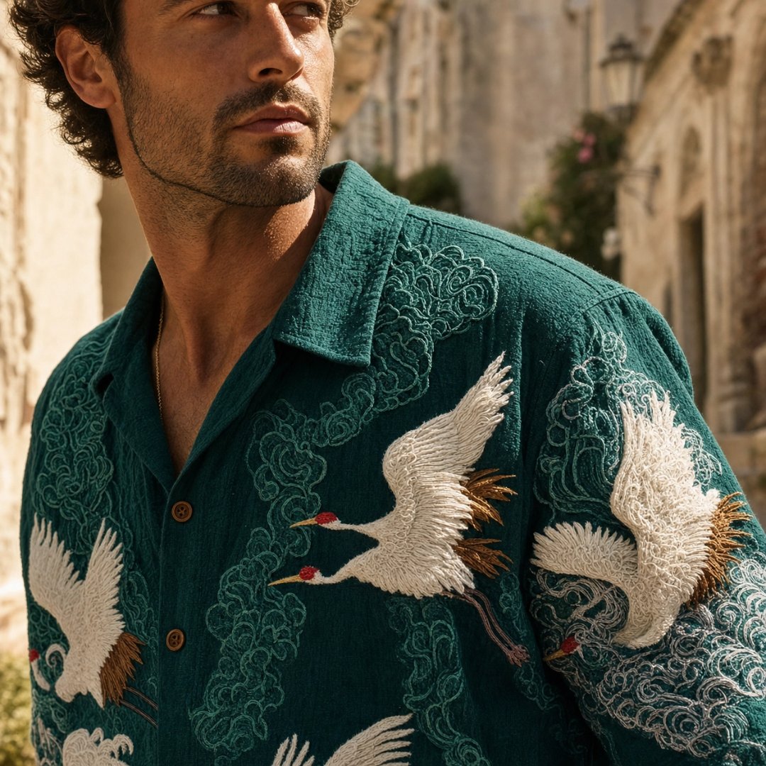 Filippo | Camicia Estiva con Motivo di Gru