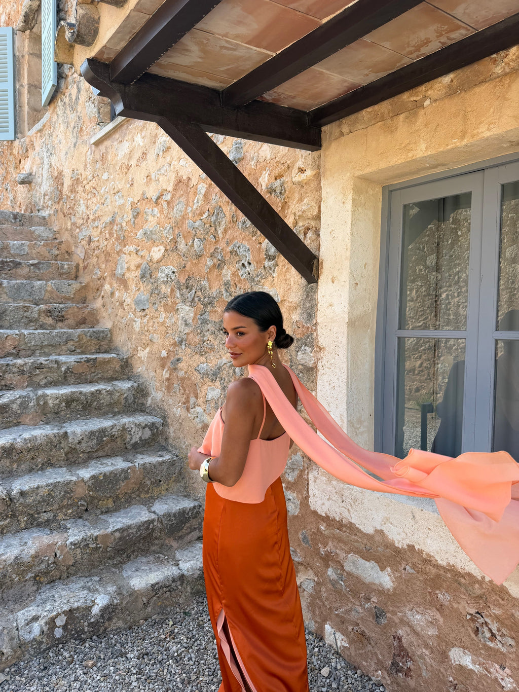 Abito lungo stampato, tonalità arancio